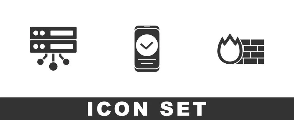 Set Server, Data, Web Hosting, Smartphone and Firewall, security wall icon Illustrazione stock