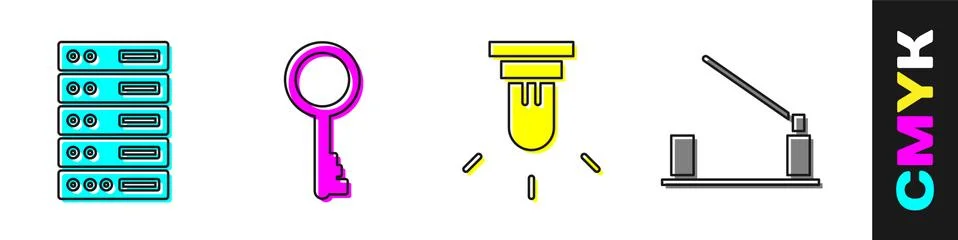 Set Server, Data, Web Hosting, Old key, Motion sensor and Parking car barrier Stock Illustration