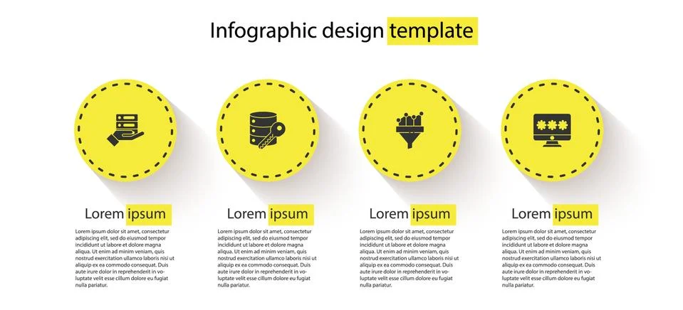 Set Server, Data, Web Hosting, security with key, Sales funnel chart and Monitor 스톡 일러스트