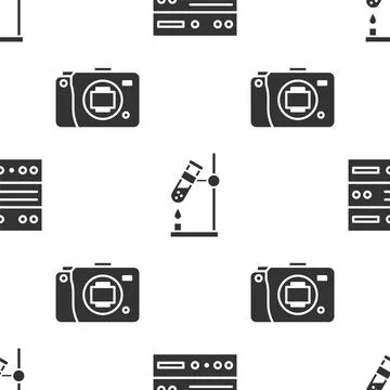 Set Server, Data, Web Hosting, Test tube flask on fire and Mirrorless camera on Stock Illustration