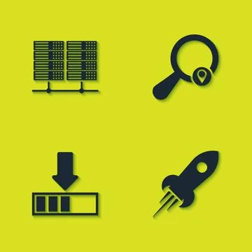Set Server, Data, Web Hosting, Rocket ship with fire, Loading and Search Ilustración de archivo