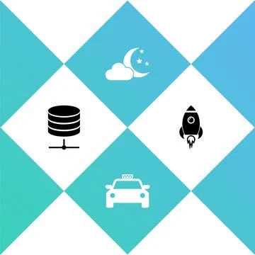 Set Server, Data, Web Hosting, Taxi car, Cloud with moon and stars and Rocket Stock Illustration