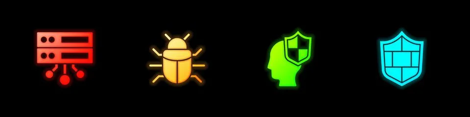 Set Server, Data, Web Hosting, System bug, Head with shield and Shield brick Illustrazione stock