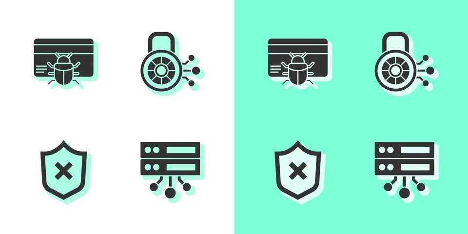 Set Server, Data, Web Hosting, System bug credit card, Shield with cross mark Illustrazione stock