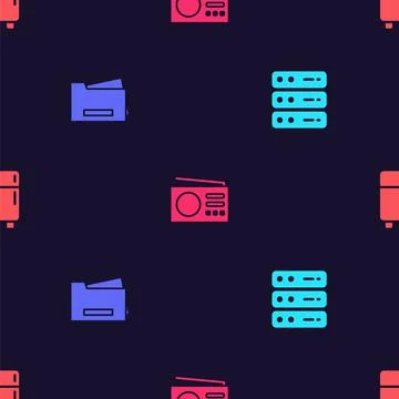 Set Server, Data, Web Hosting, Printer, Radio and Refrigerator on seamless 스톡 일러스트