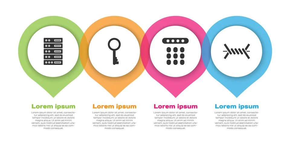 Set Server, Data, Web Hosting, Old key, Password protection and Barbed wire Illustrazione stock