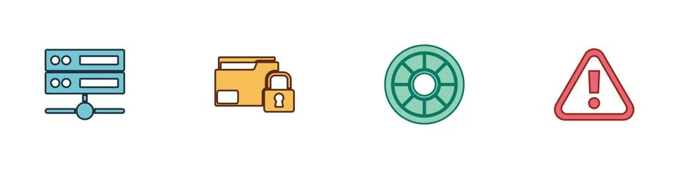 Set Server, Data, Web Hosting, Folder and lock, Safe and Exclamation mark Stock Illustration