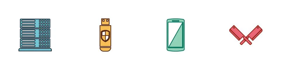 Set Server, Data, Web Hosting, USB flash drive and shield, Smartphone, mobile Illustrazione stock