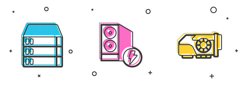 Set Server, Data, Web Hosting, Case of computer and Video graphic card icon.  Stock-Illustration