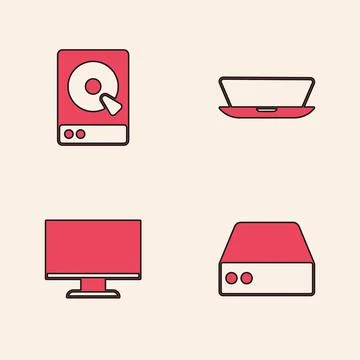 Set Server, Data, Web Hosting, Hard disk drive HDD, Laptop and Computer monitor Stock Illustration