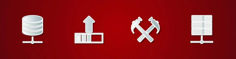 Set Server, Data, Web Hosting, Loading, Two crossed hammers and icon. Vector Illustrazione stock
