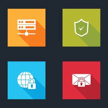 Set Server, Data, Web Hosting, Shield with check mark, Global lockdown and Mail Stock Illustration