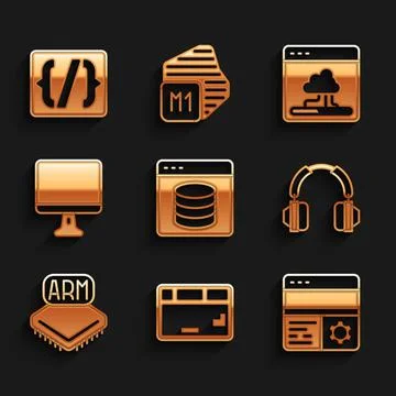 Set Server, Data, Web Hosting, Keyboard, Debugging, Headphones, Processor Illustrazione stock