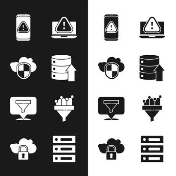 Set Server, Data, Web Hosting, Cloud and shield, Mobile with exclamation mark Stock Illustration