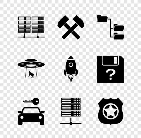 Set Server, Data, Web Hosting, Two crossed hammers, Folder tree, Car rental, and 스톡 일러스트