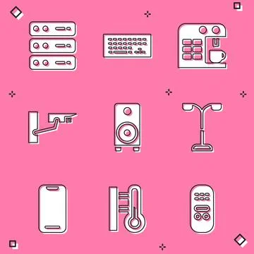 Set Server, Data, Web Hosting, Keyboard, Coffee machine, Security camera, Stereo Stock Illustration