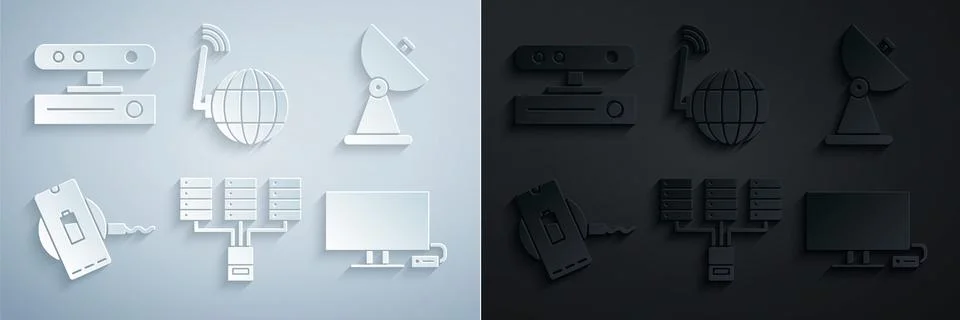 Set Server, Data, Web Hosting, Radar, Wireless charger, Smart Tv, Social network Illustrazione stock