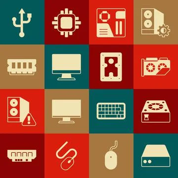 Set Server, Data, Web Hosting, Computer cooler, Video graphic card, Motherboard 스톡 일러스트