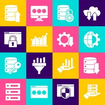 Set Server, Data, Web Hosting, Globe of the Earth and gear, security with lock Illustration