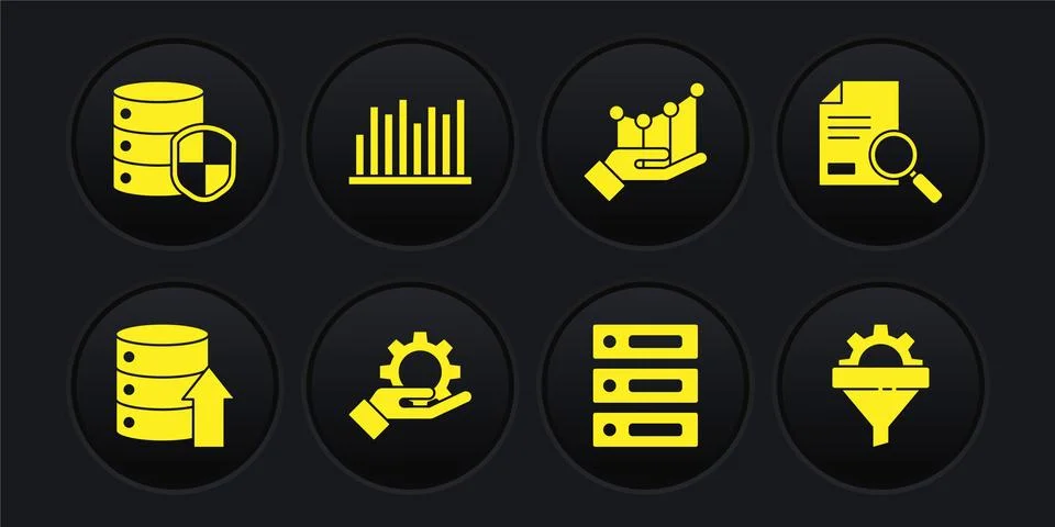 Set Server, Data, Web Hosting, Document with search, Hand settings gear, Pie Stock Illustration