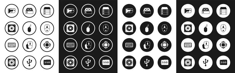 Set Server, Data, Web Hosting, Computer mouse, cooler, Video graphic card Stock Illustration