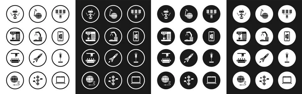Set Server, Data, Web Hosting, Robotic robot arm hand factory, Coffee machine Stock Illustration