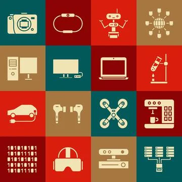 Set Server, Data, Web Hosting, Coffee machine, Test tube flask on fire, Robot Illustrazione stock