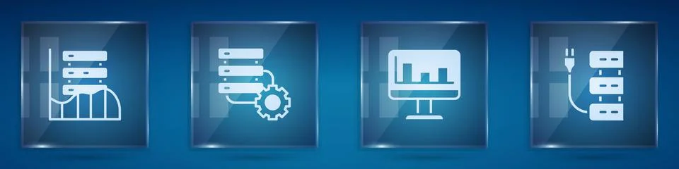 Set Server, Data, Web Hosting, and gear, Monitor with graph chart and . Square Stock Illustration