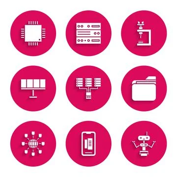 Set Server, Data, Web Hosting, Smartphone, mobile phone, Robot, Document folder Stock Illustration