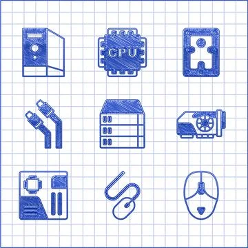 Set Server, Data, Web Hosting, Computer mouse, Video graphic card, Motherboard Illustrazione stock