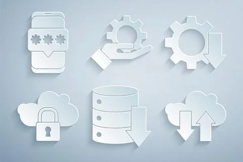 Set Server, Data, Web Hosting, Cost reduction, Cloud computing lock, download Stock Illustration