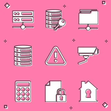 Set Server, Data, Web Hosting, security with key, FTP folder, Exclamation mark Stock Illustration