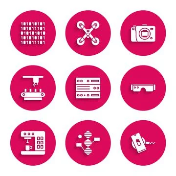 Set Server, Data, Web Hosting, DNA symbol, Wireless charger, Smart glasses Stock Illustration
