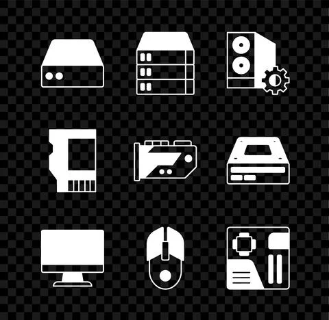 Set Server, Data, Web Hosting, Case of computer, Computer monitor screen, mouse 스톡 일러스트