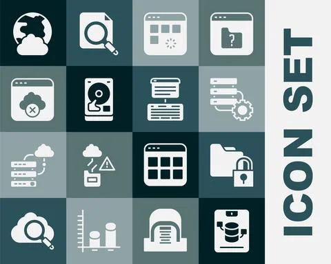 Set Server, Data, Web Hosting, Folder and lock, gear, Loading data window, Hard 스톡 일러스트