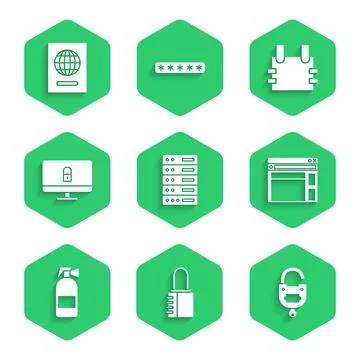 Set Server, Data, Web Hosting, Safe combination lock, Lock and key, Website Illustrazione stock