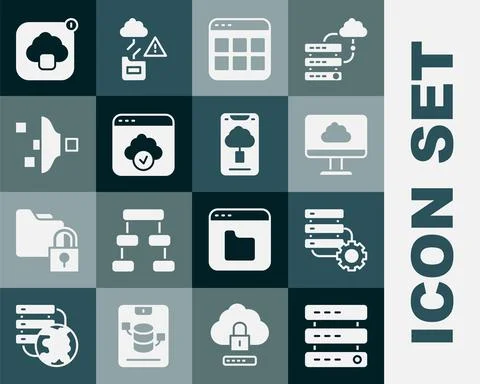 Set Server, Data, Web Hosting, and gear, Cloud technology data transfer, Browser Stock Illustration