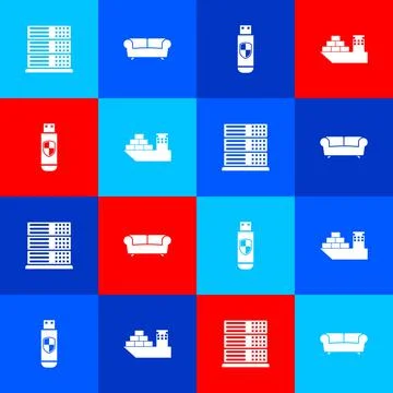 Set Server, Data, Web Hosting, Sofa, USB flash drive and shield and Cargo ship Stock Illustration