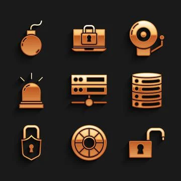 Set Server, Data, Web Hosting, Safe, Open padlock, Lock, Motion sensor, Ringing Stock Illustration