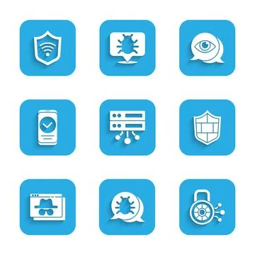 Set Server, Data, Web Hosting, System bug, Cyber security, Shield with brick Stock Illustration