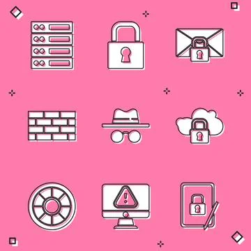 Set Server, Data, Web Hosting, Lock, Mail message lock password, Firewall 스톡 일러스트