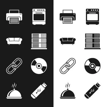 Set Server, Data, Web Hosting, Sofa, Printer, Oven, Chain link and CD or DVD Stock Illustration