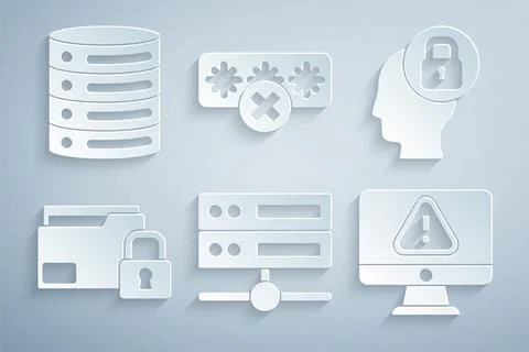 Set Server, Data, Web Hosting, Human head with lock, Folder and, Monitor Stock Illustration
