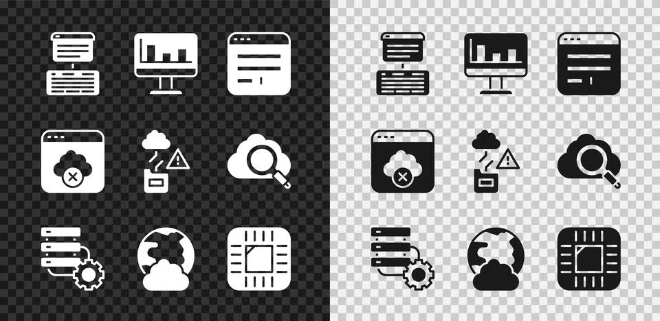 Set Server, Data, Web Hosting, Monitor with graph chart, Browser window, and Stock Illustration