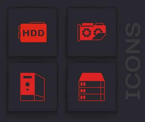 Set Server, Data, Web Hosting, Hard disk drive HDD, Video graphic card and Case Stock-Illustration