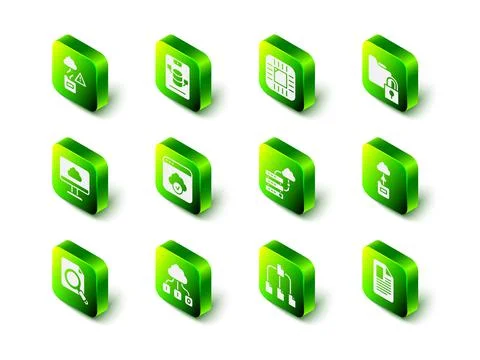 Set Server, Data, Web Hosting, Processor with CPU, Folder and lock, Cloud Stock Illustration