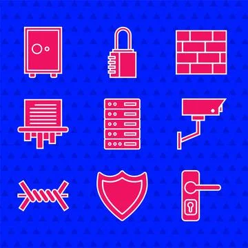Set Server, Data, Web Hosting, Shield, Door handle, Security camera, Barbed wire Stock Illustration