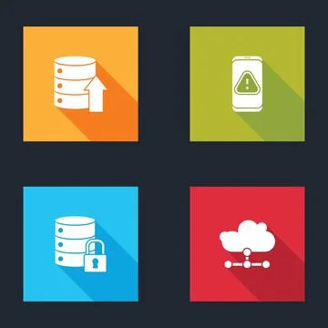 Set Server, Data, Web Hosting, Mobile with exclamation mark, security lock and Stock Illustration