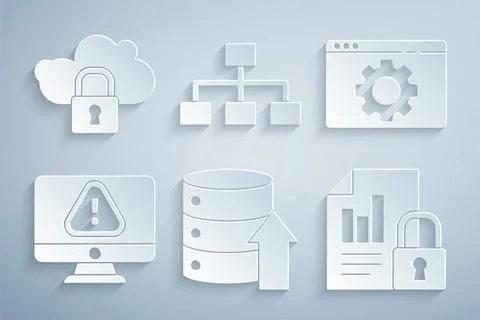 Set Server, Data, Web Hosting, Browser setting, Monitor with exclamation mark Stock Illustration