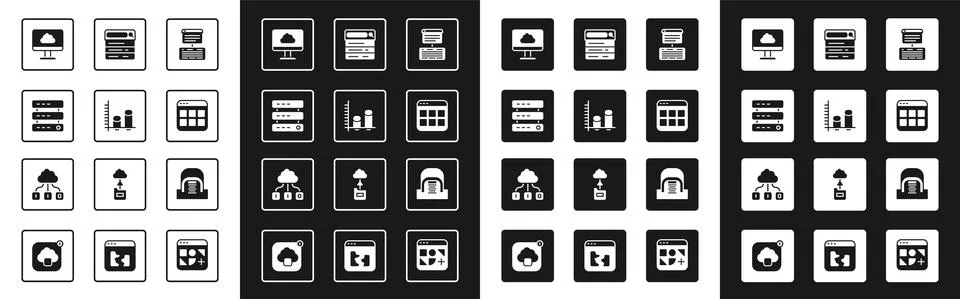 Set Server, Data, Web Hosting, analysis, Cloud technology data transfer, Browser Stock Illustration